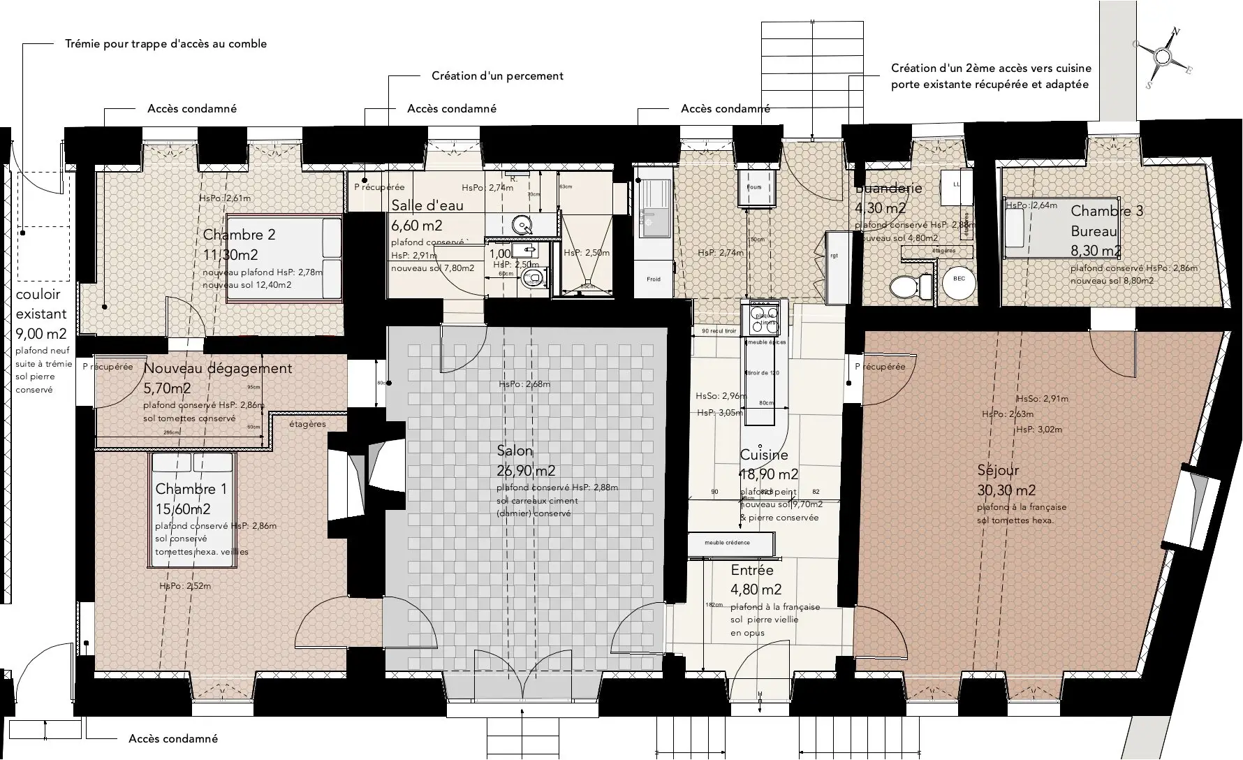 Projet d'architecture intérieure, d'aménagement ou de décoration dans l'Yonne en Bourgogne Franche Comté et réalisés par Laetitia Duval-Boquet, Rénovation d'une maison ancienne